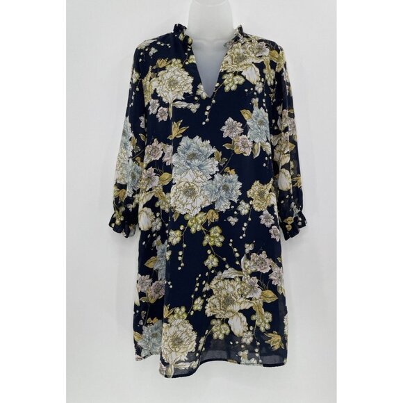 H&M Women's Blue Floral Shift Dress Split Neck  Boho Flaws See Photos Size 10 - Picture 1 of 15